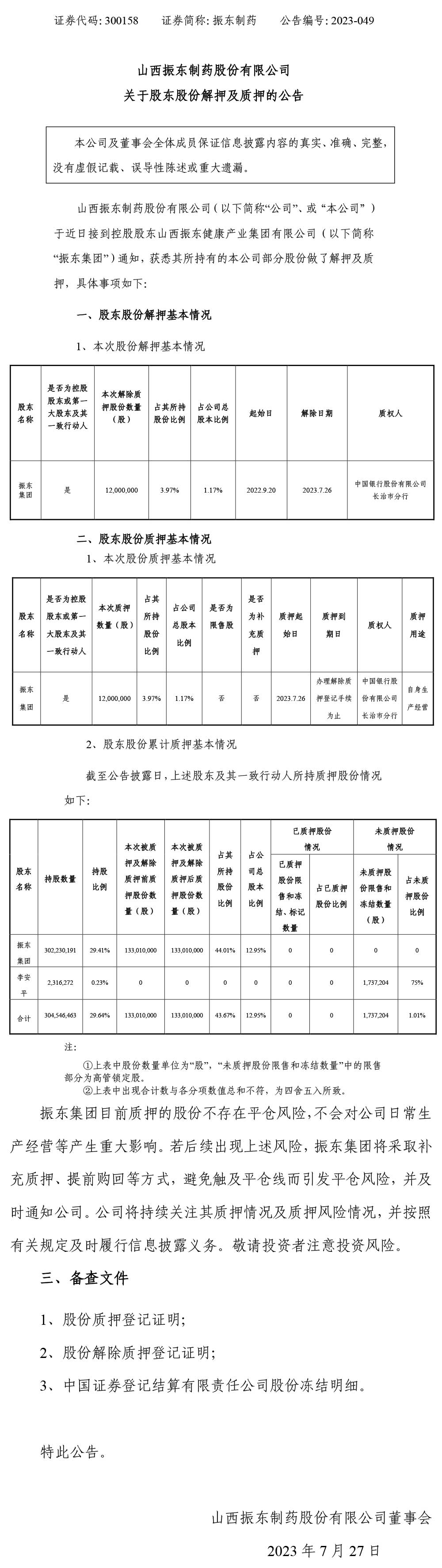 股东股份解押及质押,股东股份解押,bwin必赢制药,bwin必赢,300158